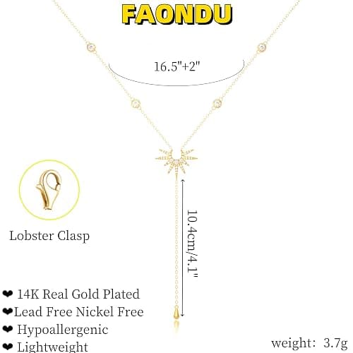 FAONDU Drop Sunburst Gold Necklace for Women Simple 14K Gold Plated CZ Chain Dainty Waterproof Pearl Teardrop Pendant Sliver Y-Necklace for Womens Non Tarnish Long Layered Sun Cross Choker Women's Y-Shaped Stacked Fashion Accessories Trendy Prom Jewelry Gift thumbnail 5