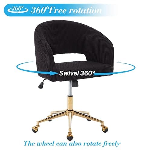 Home Office Chair Swivel Velvet Desk Chair Accent Armchair Upholstered Modern Tufted Chairs with Gold Base for Girls Women Ergonomic Study Seat Computer Task Stools for Living Room(Black) thumbnail 5