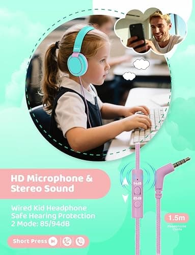 MIDOLA Kids Headphone Wired Volume Limited 85/94dB Over-Ear/On-Ear Foldable Headset with Microphone Hearing Protection Headphones for Toddler Boy Girl Child School Learning Pad Tablet Cyan thumbnail 7