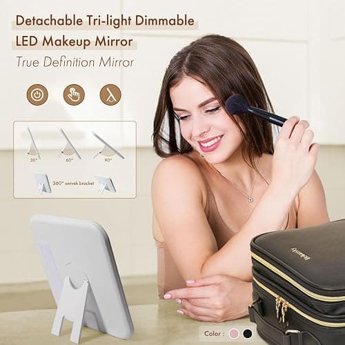 Behaesty Travel Makeup Bag with LED Mirror Double Layer, Detachable Vanity Mirror with Lights, Tri-light Dimmable, Makeup Case with Adjustable Dividers and Brush Holder Cosmetic Organizer Storage Box thumbnail 3