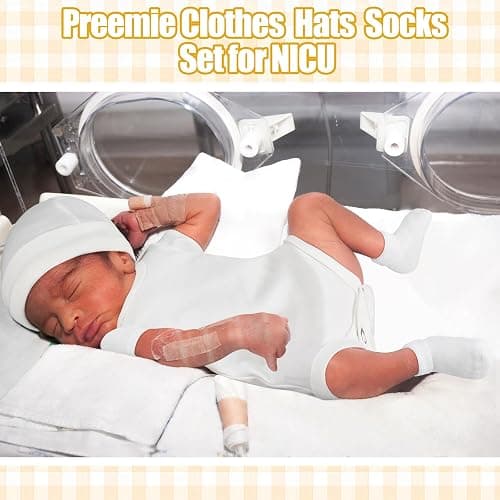 Glitopper 4 Pack Preemie Newborn Layette Set Baby Bodysuit Clothes Hat Bodysuit Socks Set for NICU Newborns thumbnail 5