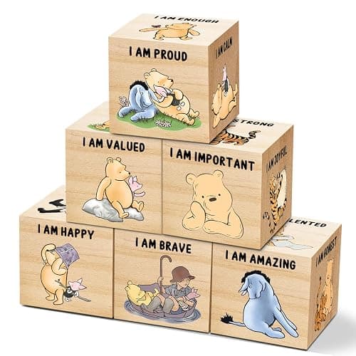 Tillfuru 6 Pcs Inspirational Winnie Nursery Decor for Girls and Boys Wooden The Pooh Decorations Winnie Baby Table Wooden Decorations Winnie Shelf Decor for Bedroom Playroom Gifts 1.6 Inch - Image 1