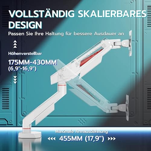 ARES WING Monitor Halterung für 17"-40" Flach/Curved Bildschirm, Monitor Arm Tragfähigkeit Max 12 kg,Höhenverstellbar Bildschirmhalterung,75/100mm Vesa-Halterung, Tischhalterung,Weiß thumbnail 5