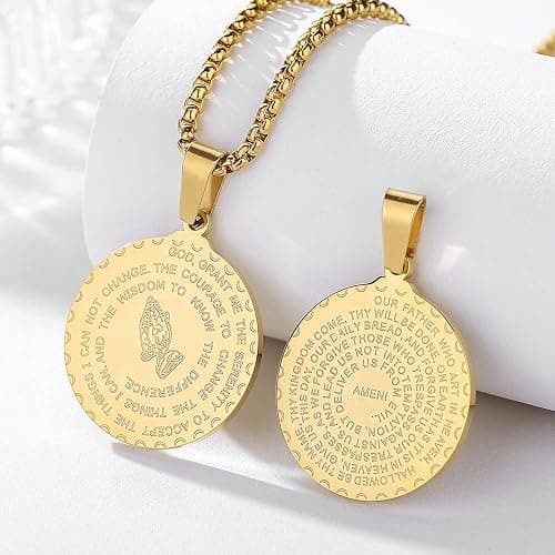 Yaumatea Serenity Prayer Necklace with Praying Hands Coin Pendant for Men Women Lords Prayer Bible Verse Courage Wisdom Stainless Steel 24 inches thumbnail 2