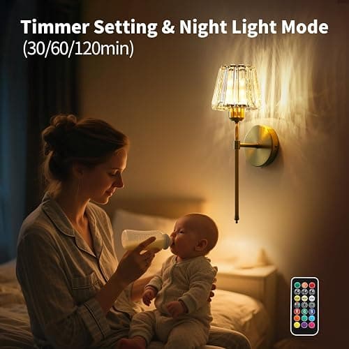 Battery Operated Crystal Wall Sconce Set of 2, Gold Rechargeable Wireless Wall Sconces with Remote Dimmable 12 Colors Modes Led Wall Lights, Wall Lamp for Bedroom Living Room Hallway, 2 Bulbs Included thumbnail 7