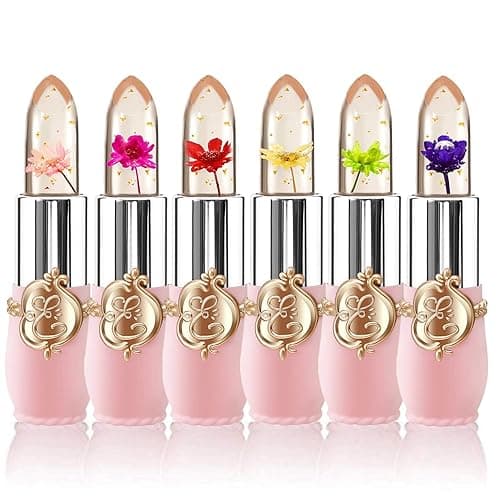 6 Pcs/Set Flower Jelly Lipstick Set Temperature Change Moisturizer Long Lasting Nutritious Balm Magic Color Change Lip Gloss - 6 Count (Pack of 1) - Flower Jelly Lipstick