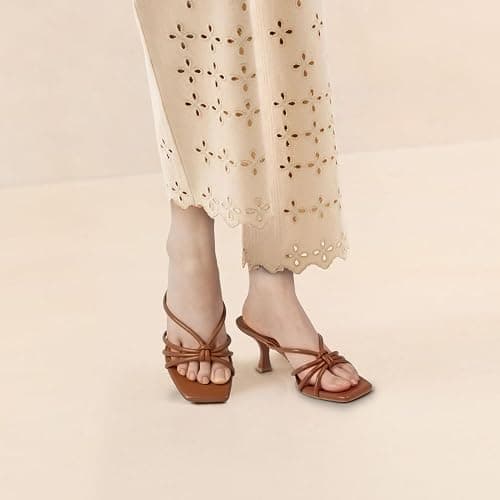 LOOPCHARM Women's Strappy Square Open Toe Kitten Heels Sandals Knotted Design Summer Fashion Slip On Mule Style thumbnail 6