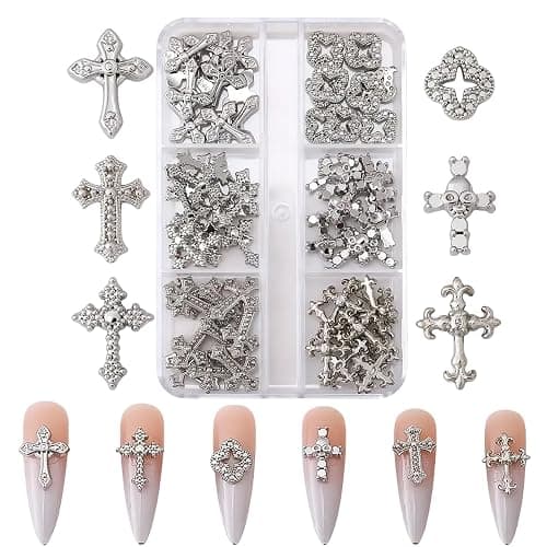 60 Pcs Kreuz Nagel Charms für Nagelkunst, 3D Metall Kristall Kreuz Nagel Dekorationen, Legierung Nagel Nieten und Strasssteine für Frauen Mädchen DIY Schmuck Handwerk Zubehör (B-Silber) - Image 1