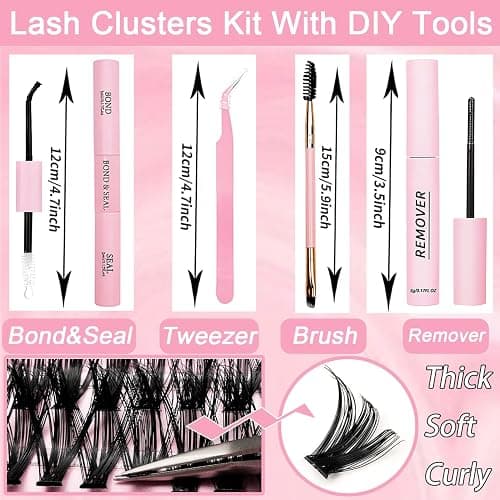 Lash Clusters Kit, 640 Pcs Eyelashes Cluster Extensions Kit 9-16mm Flufffy Individual Lashes 30D-60D D Curl False Eyelashes with Thin Band Match Tools for DIY (30D+40D Kit 9-16mm) thumbnail 2