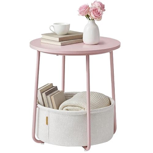 SONGMICS HOME Small Side Table, Round End Table, 2 Tier Nightstand with Basket, U Shaped Steel Legs, Easy Assembly, for Living Room, Bedroom, Pink and White - Image 1
