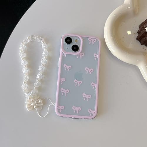 EYZUTAK Case for iPhone 15, Clear Cute Ribbon Bowknot Aesthetic Phone Case with Charm Bracelet Chain Raised Camera Protection Stylish Soft Durable TPU Protective Cover for Women Girls - Blue thumbnail 5
