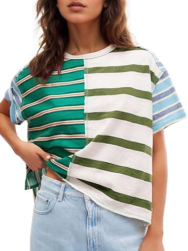 Tankaneo Womens Summer Striped Shirts Casual Color Block Short Sleeve Tops Loose Fit Crew Neck Tees - Image 1
