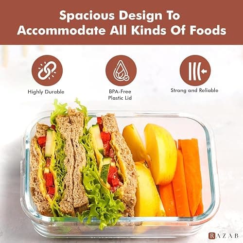 Razab 35 Pc Set Glass Food Storage Containers with Lids - Meal Prep Airtight Bento Boxes BPA-Free 100% Leak Proof (15 lids,15 glass & 5 Plastic Sauce/Dip Containers) thumbnail 5