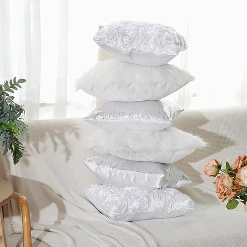 Oudain 6 Pcs Decorative 3D Rose Flower Pillow Cover, 16 x 16 Inch Faux Fur Throw Pillow Covers for Bed Square Sofa Bedroom Car(White, Silver) thumbnail 2