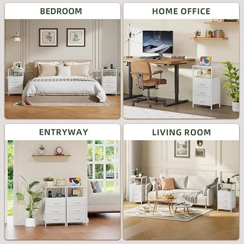 Somdot White Nightstand with Charging Station and LED Light for Bedroom, Tall 3 Drawers Dresser with Fabric Bins for Bedside Kids Dorm Room Closet Laundry Entryway, White Leather thumbnail 8