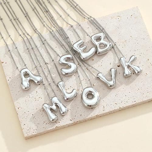 Gold Bubble Letter Necklace,14k Gold/Silver Plated Balloon Initial Letter Pendant Necklace Dainty Chunky Charm Name Necklaces Trendy Personalized Jewelry Gift for Women thumbnail 7