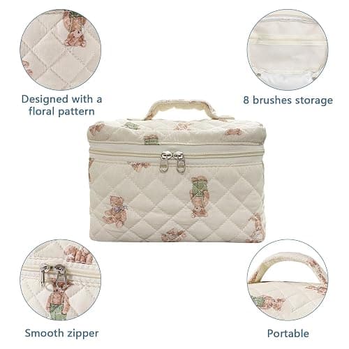 Large Makeup Bag, Cute Cosmetic Bag for Women Girls, Floral Coquette Aesthetic Toiletry Bag, Travel Make Up Organizer Bag (White-Bear) thumbnail 5