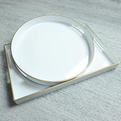 Spsyrine Round White Decorative Tray, 13" Plastic Serving Table Tray with Handles for Breakfast, Round Modern Ottoman Tray for Coffee Table, Bathroom, Kitchen, Living Room thumbnail 5