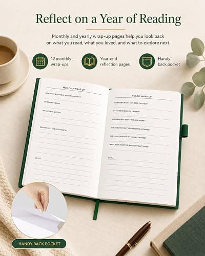 JXSELECT Elegant Reading Journal - 60 Book Reviews Logbook with Pen Holder & Back Pocket - Track Your Reading Progress - Ideal Gift for Book Lovers & Avid Readers (Earth Green) thumbnail 6