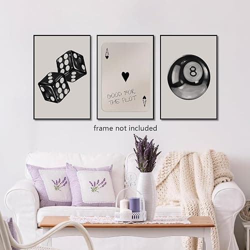 3Pcs Black and White Poker Dice Wall Art Funky Retro Y2K Trendy Preppy Pictures Lucky 8 Ball Poster Canvas Prints Artwork Painting for Game Room Apartment Dorm Aesthetic Decor 12x16in Unframed thumbnail 2