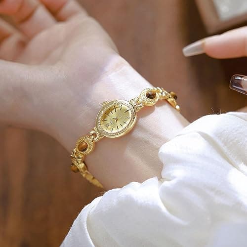 FANMIS Gold Tone Watches for Women with Small Vintage Bracelet Elegant Jade Oval Dial Dress Watch Fashion Quartz Wrist Watch Waterproof Watch thumbnail 3