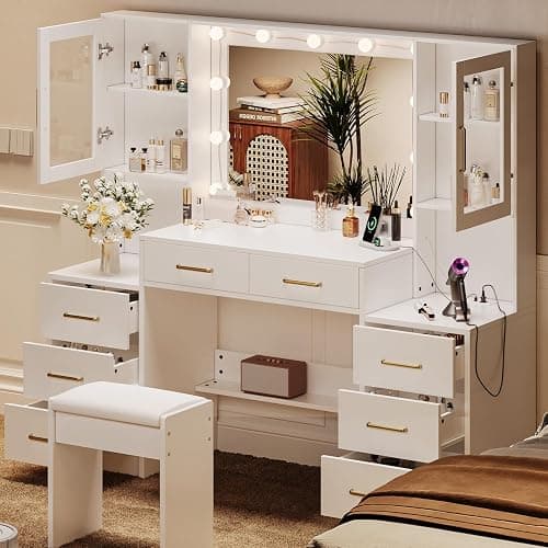 58.3" Large Vanity Desk with Mirror & Lights, Makeup Vanity with 10 LED Lights, 8 Metal Sliding Drawers & 2 Cabinets, White Vanity Set with Stool & Power Outlet 3 Lighting Modes Adjustable Brightness thumbnail 7