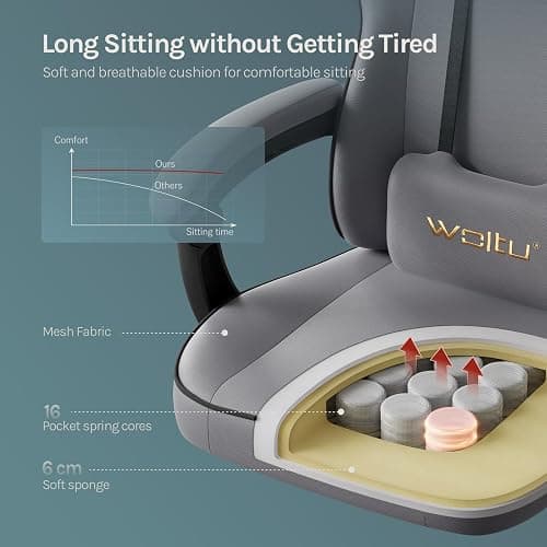 WOLTU Gaming Chair,Adult Computer Chair, Spring Cushion, Grey and Black | Load Capacity of 150kg,Ergonomic Design,Equipped with Headrest,Lumbar Pillow,Footrest and Mesh Fabric thumbnail 5