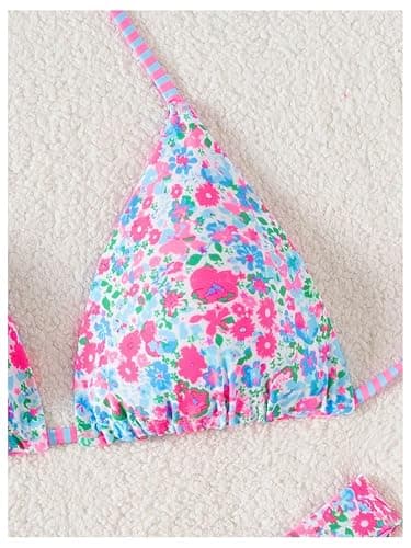 WDIRARA Women's 2 Piece Floral Striped Bikini Set Halter String Thong Swimsuit High Cut Bathing Suit thumbnail 3