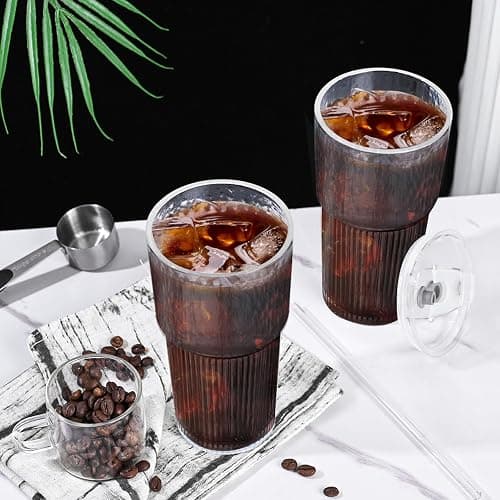 AUFXKOO 20oz Glass Tumblers with Lids and Straws,2PCS Glass Cups with Lids and Straws,Iced Coffee Cups with Lid,Drinking Glasses for Juice, Smoothies thumbnail 8