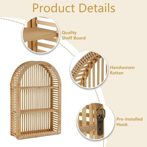 Synovana Rattan Wall Shelf - 3 Tier Boho Arch Hanging Shelves Handcraft Floating Shelf for Bathroom Living Room Wall Decor, 15.75" x 23.62" thumbnail 5