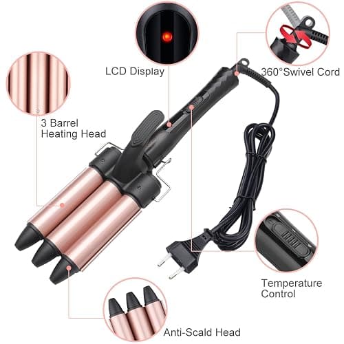 3 Barrel Curling Iron Wand Set Ceramic Hair Curler Beach Waves Hair Waver Crimper Tool for Women 1 Inch 25mm Triple Barrel Fast Heating HairStyling Tools (Black) thumbnail 2