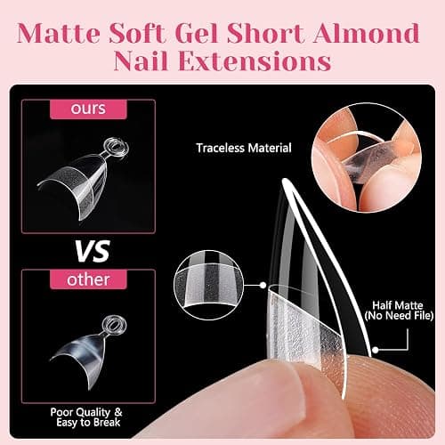 LIONVISON Short Almond Nail Tips Half Cover, 600PCS Extra Short Almond Soft Gel Nail Tips, Pre-shaped Clear False Nails with Handles for Acrylic Nail Salon with Box 12 Sizes - Short Almond thumbnail 2