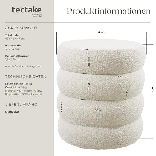 tectake® Hocker mit Stauraum, Scandi Sitzhocker Bouclé Teddy Stoff, Pouf, Polsterhocker rund für Schminktisch, Wohnzimmer Möbel, als Flur Möbel, Stauhocker Wohnen, Ø 42 x 47 cm - Bouclé Creme-weiß thumbnail 2