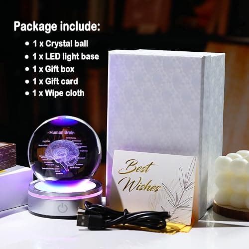 3D Human Brain 3.15 in. Crystal Ball Gifts for Him Her, Human Brain Anatomical Mini Model with Colorful Light Base for Neurologist Doctor Pharmacist, Physiology Graduation Gifts for Medical Students thumbnail 6
