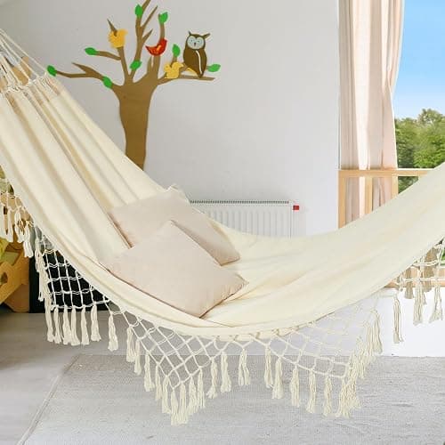 JoyView Boho Macrame Single Hammock with Hanging Ropes & Elegant Tassels 78.8x39.4 Portable Cotton Hammock for Patio Backyard Porch 300LBS Weight Capacity Perfect for Outdoor/Indoor - Beige Color thumbnail 2