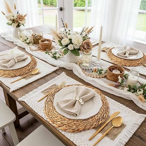 Gandeer 6 Sets Boho Placemats, Including 12 Inch Round Woven Rattan Placemats, Rectangle Burlap Boho Table Mats, Pearl Napkin Rings, Handmade Farmhouse Table Chargers for Home Wedding Party Decoration thumbnail 5