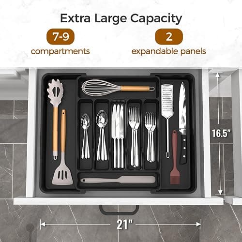 ukeetap Extra Large Expandable Silverware Organizer, BPA-Free Food-Safe Cutlery Flatware Organizer, Kitchen Utensil Drawer Organizer, Adjustable Silverware Holder for Spoons Forks Knives, Black thumbnail 2
