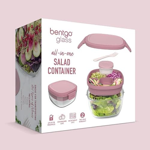 Bentgo Glass Salad Container - 7.6-Cup Salad Bowl with Airtight Lid, Leak-Proof Sauce Container, 4-Compartment Bento Tray & Reusable Fork - BPA-Free for Meal Prep, Office & More (Rose) thumbnail 7