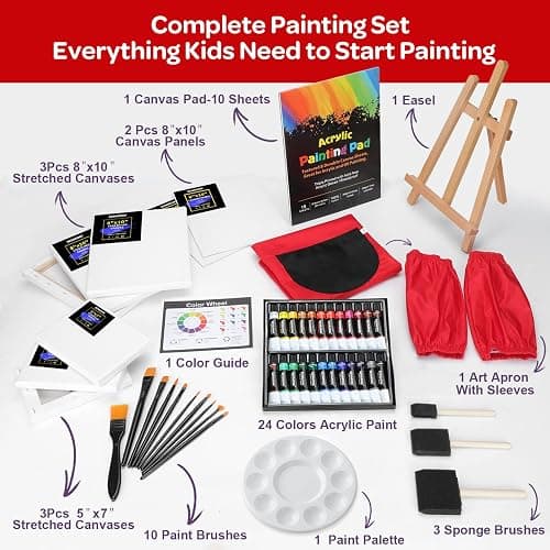 59pcs Acrylic Paint Set - Art Supplies Kit with 24 Non-Toxic Paints, Easel, Brushes, Canvas for Kids, Artists and Beginners, Red thumbnail 3
