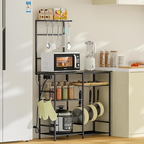 3IngSeagulls Bakers Rack with Power Outlet, Kitchen Microwave Stand with 10 S-shaped Hooks, 6-Tier Coffee Bar Station, Kitchen Storage Shelf Rack for Spices, Pots, Gray thumbnail 7