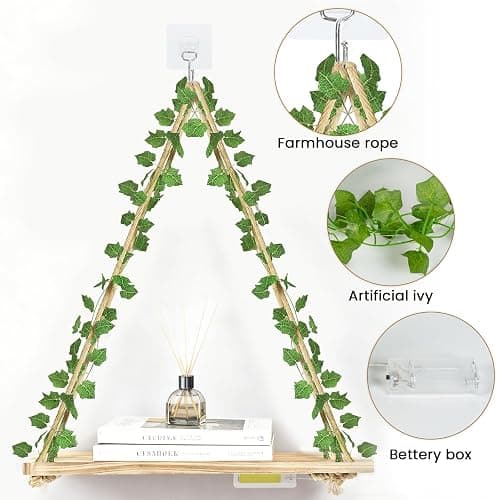 RICHER HOUSE Artificial Ivy LED-Strip Wall Hanging Shelves, Macrame Shelf for Bedroom Bathroom Living Room Kitchen, Wood Hanging Plant Shelves for Wall Décor thumbnail 5