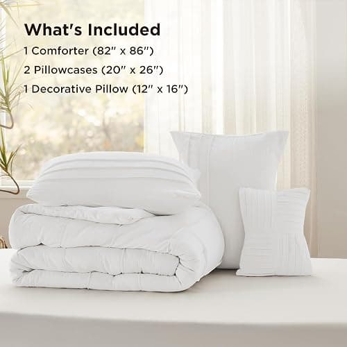 Bedsure Full Comforter Set - 4 Pieces Pinch Pleat Bed Set, White Boho Bedding for All Season, 1 Soft Comforter, 2 Pillowcases, 1 Decorative Pillow thumbnail 6
