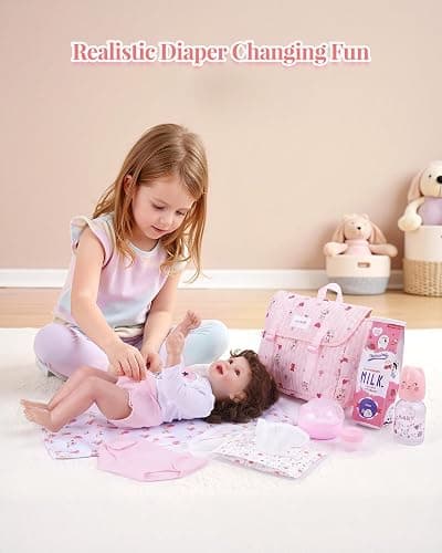 BABESIDE 9 Pcs Reborn Doll Accessories for 17-22 Inch Dolls, Diaper Bag | Diaper Bag Set with 2 Diapers, Changing Pad, Bottle, Tissue and Care Set, Great for Children's Pretend Play thumbnail 2