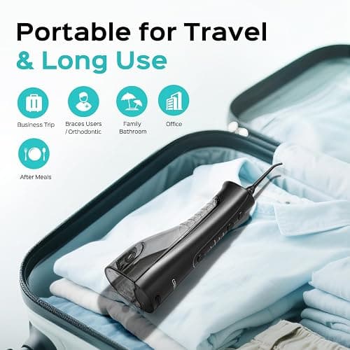 COSLUS Portable Water Flosser for Teeth: 4 Modes & 5 Intensity Levels Professional Electric Dental Pick for Sensitive Gums, Braces & Orthodontic - Cordless for Travel Use, for Adults, BPA-Free, Black thumbnail 6