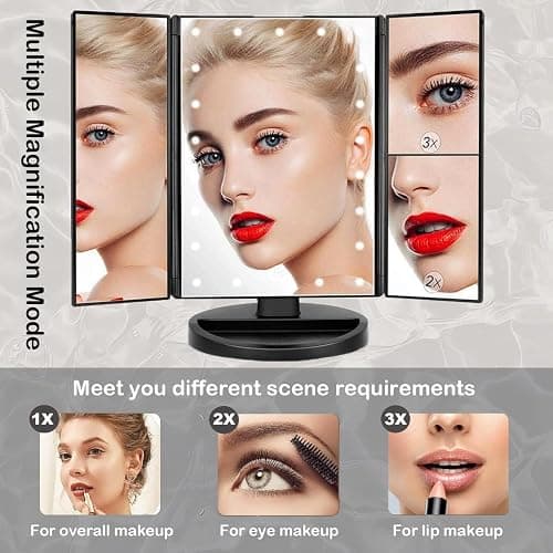 Flymiro Tri-fold Lighted Vanity Makeup Mirror with 3x/2x Magnification,Light up Mirror for Makeup,Touch Screen 21 LEDs,180° Rotation Countertop Cosmetic Mirror,Gifts for Women Mom Teen Girls thumbnail 4