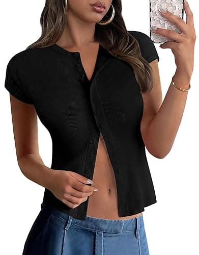 PRETTYGARDEN Women's Short Sleeve Summer Tops 2025 Trendy Ribbed Knit Button Up Tight Basic Tees Shirts Going Out Y2K Clothes