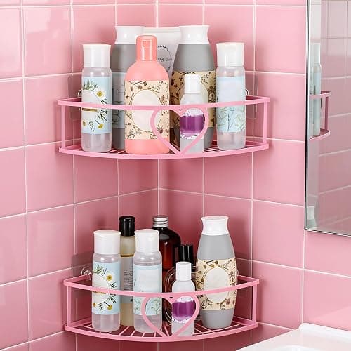 Otoolling 2 Pack Pink Heart Corner Shower Caddy No Drilling Pink Shower Shelves Coquette Corner Caddy with 5 Adhesive Hooks Sweet Decor for Bathroom Kitchen Bedroom - Image 1