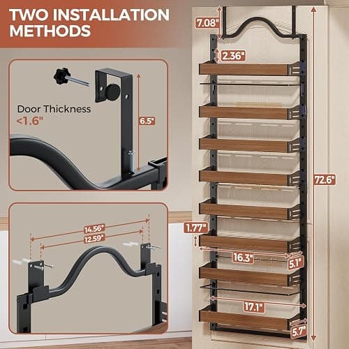 Freexployer 8-Tier Spice Rack Wall Mount, Heavy-Duty Over the Door Pantry Organizer with Wooden Adjustable Basket, 2 IN 1 Wall Mount or Hanging Pantry Door Organizer,Door Spice Rack for Pantry, Black thumbnail 2