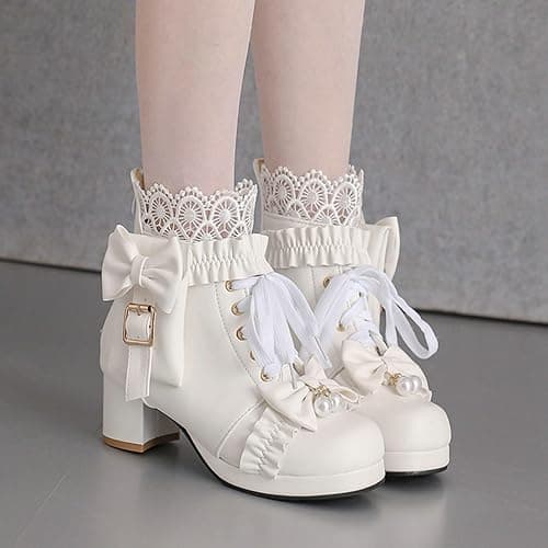 LUXMAX Women Chunky Heel Lace Up Booties Lolita Kawaii Shoes Block Heel Cute Ankle Boots Sweet Lace Boots with Bow thumbnail 7