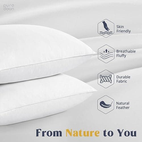 puredown® Goose Feathers and Down White Pillows with 100% Soft Cotton Cover, Bed Sleeping Hotel Collection Pillows Set of 2 King Size thumbnail 2